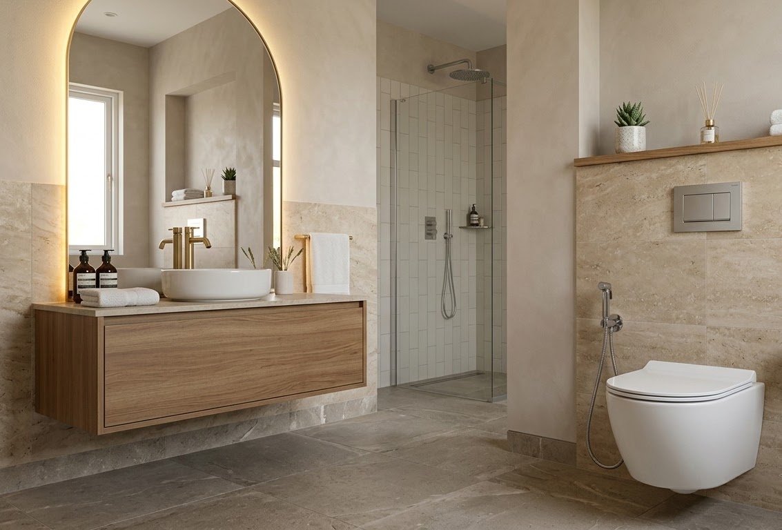 Beige luxury bathroom with wall-mounted commode and vanity